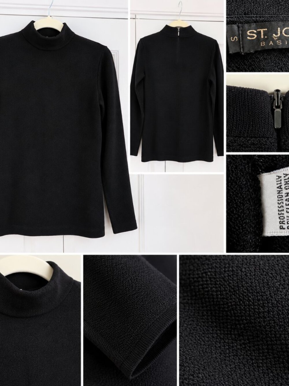 St. John Basics Black Santana Knit Mock Neck Sweater Size S Long Sleeve Back Zip